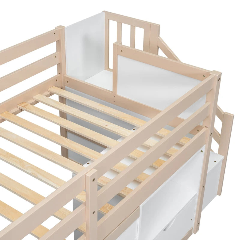 Cama baja tipo loft Twin Pine con escalera de almacenamiento, cajón y estante