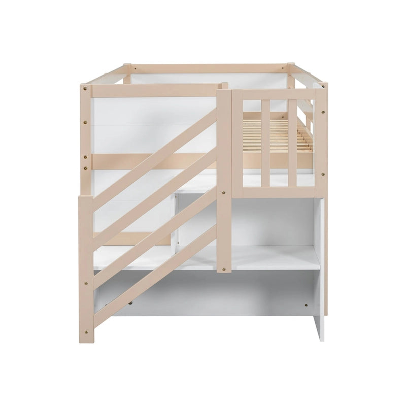 Cama baja tipo loft Twin Pine con escalera de almacenamiento, cajón y estante