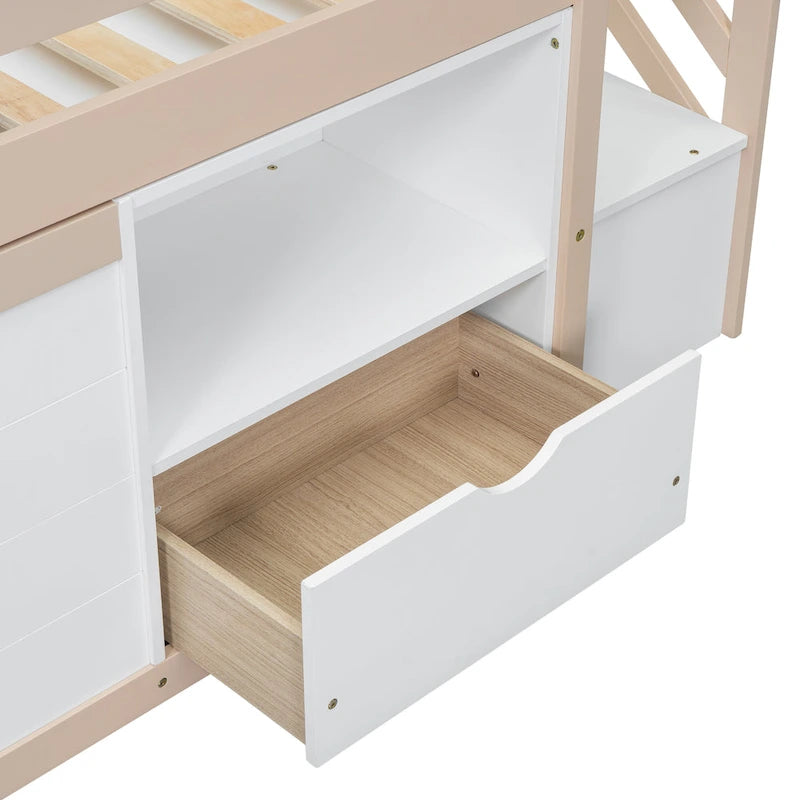 Cama baja tipo loft Twin Pine con escalera de almacenamiento, cajón y estante