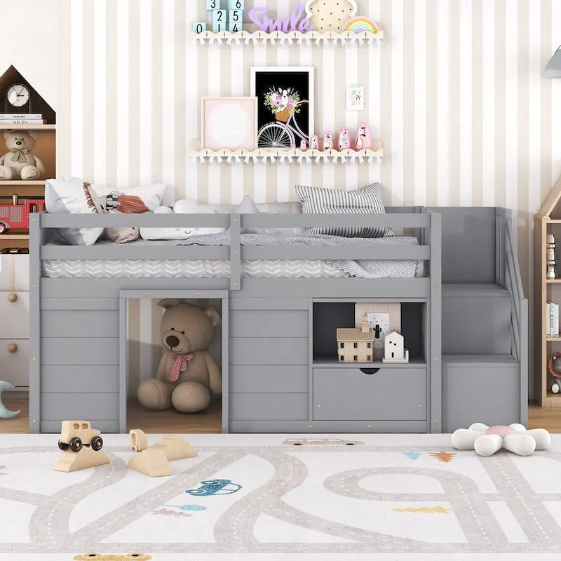 Cama baja tipo loft Twin Pine con escalera de almacenamiento, cajón y estante