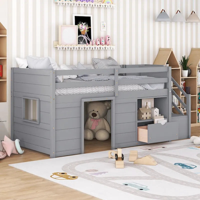 Cama baja tipo loft Twin Pine con escalera de almacenamiento, cajón y estante