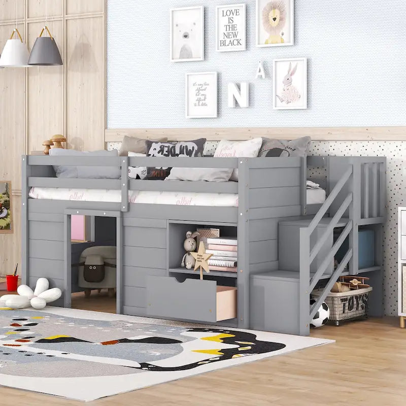 Cama baja tipo loft Twin Pine con escalera de almacenamiento, cajón y estante