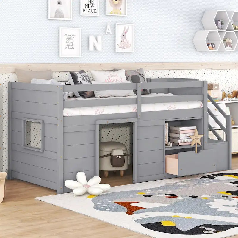 Cama baja tipo loft Twin Pine con escalera de almacenamiento, cajón y estante