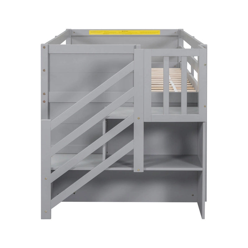 Cama baja tipo loft Twin Pine con escalera de almacenamiento, cajón y estante