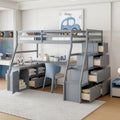 Cama alta tipo loft de pino gris con escritorio y almacenamiento