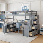 Cama alta tipo loft de pino gris con escritorio y almacenamiento