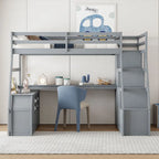Cama alta tipo loft de pino gris con escritorio y almacenamiento