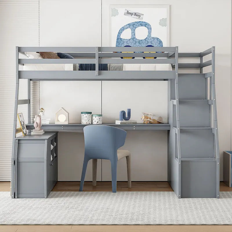 Cama alta tipo loft de pino gris con escritorio y almacenamiento