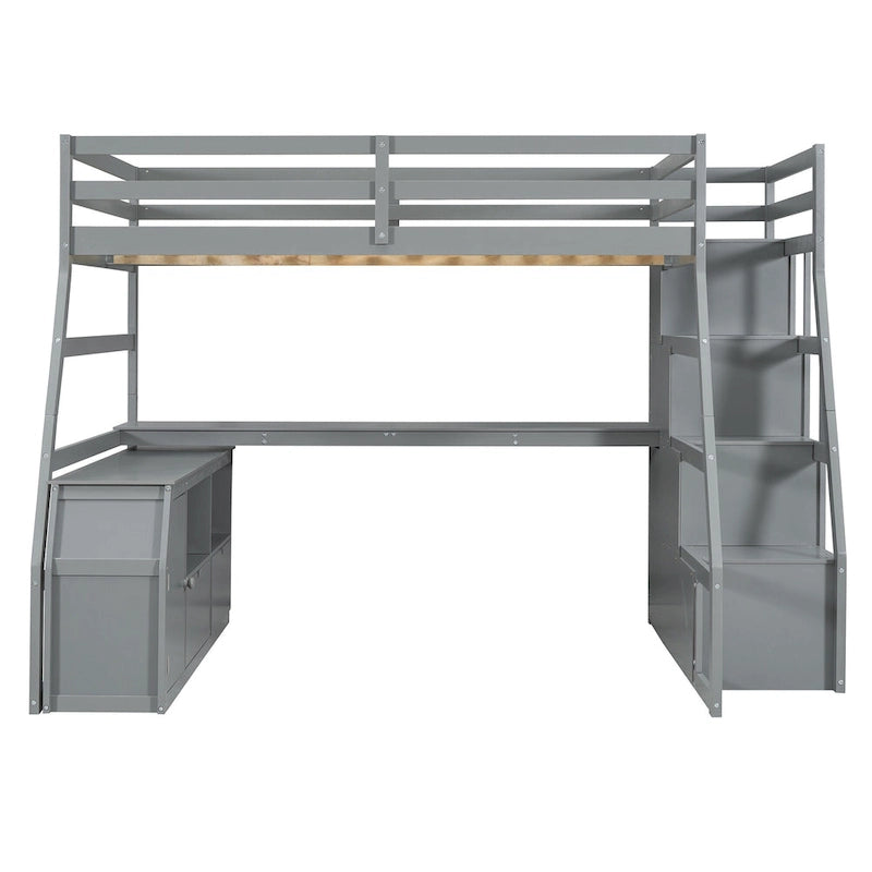Cama alta tipo loft de pino gris con escritorio y almacenamiento