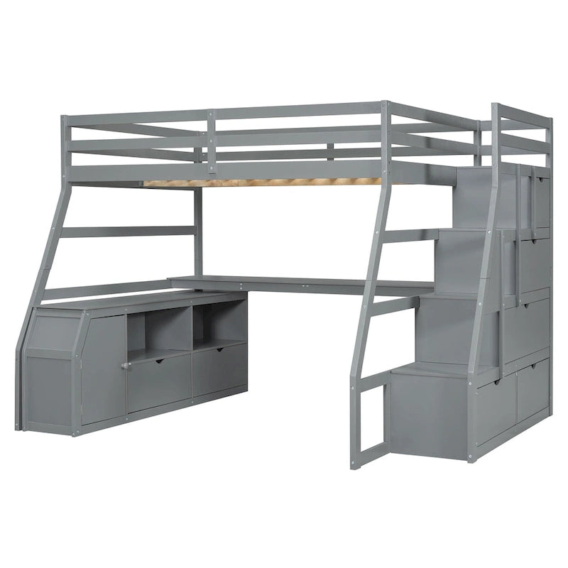 Cama alta tipo loft de pino gris con escritorio y almacenamiento