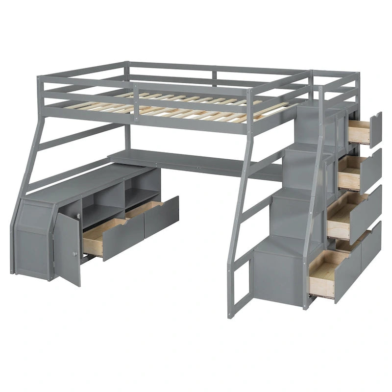 Cama alta tipo loft de pino gris con escritorio y almacenamiento