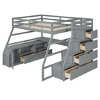 Cama alta tipo loft de pino gris con escritorio y almacenamiento