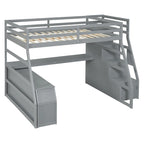 Cama alta tipo loft de pino gris con escritorio y almacenamiento