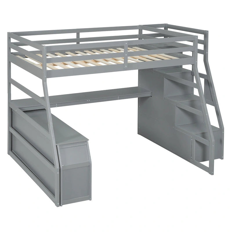 Cama alta tipo loft de pino gris con escritorio y almacenamiento