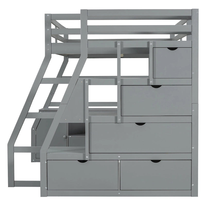 Cama alta tipo loft de pino gris con escritorio y almacenamiento