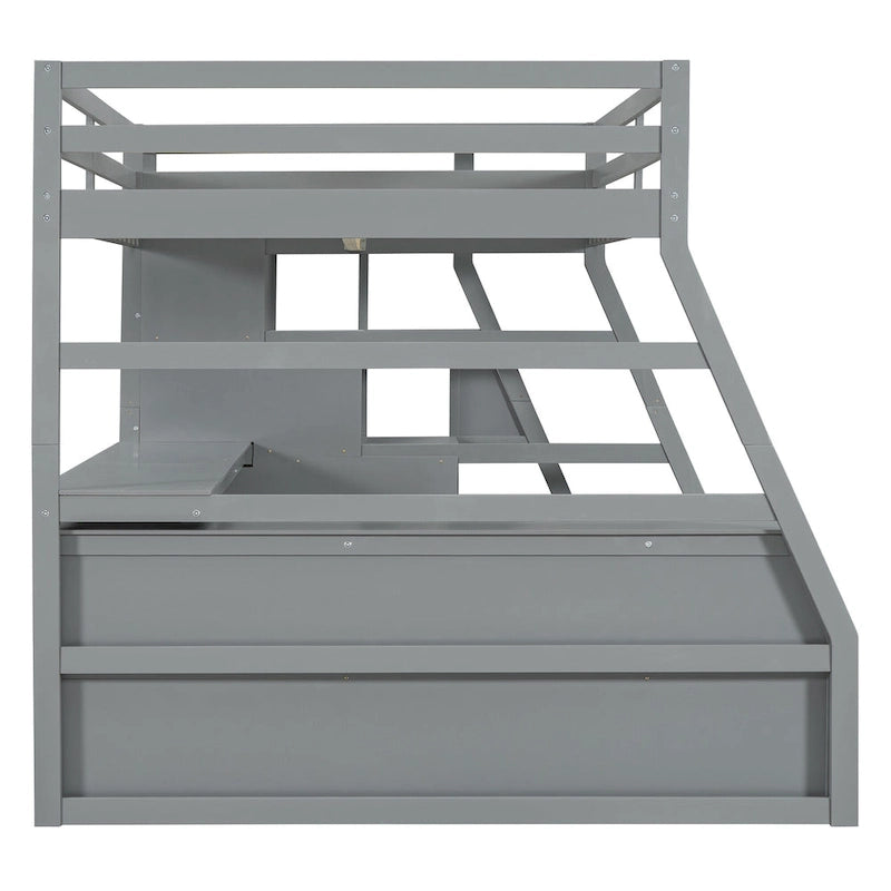 Cama alta tipo loft de pino gris con escritorio y almacenamiento