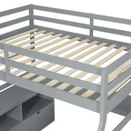 Cama alta tipo loft de pino gris con escritorio y almacenamiento