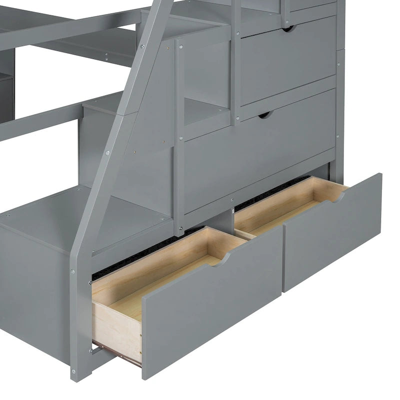 Cama alta tipo loft de pino gris con escritorio y almacenamiento