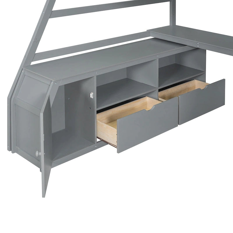 Cama alta tipo loft de pino gris con escritorio y almacenamiento