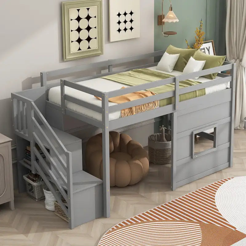 Litera alta Twin Pine gris con escalera de almacenamiento, ventana y barandilla
