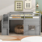 Litera alta Twin Pine gris con escalera de almacenamiento, ventana y barandilla