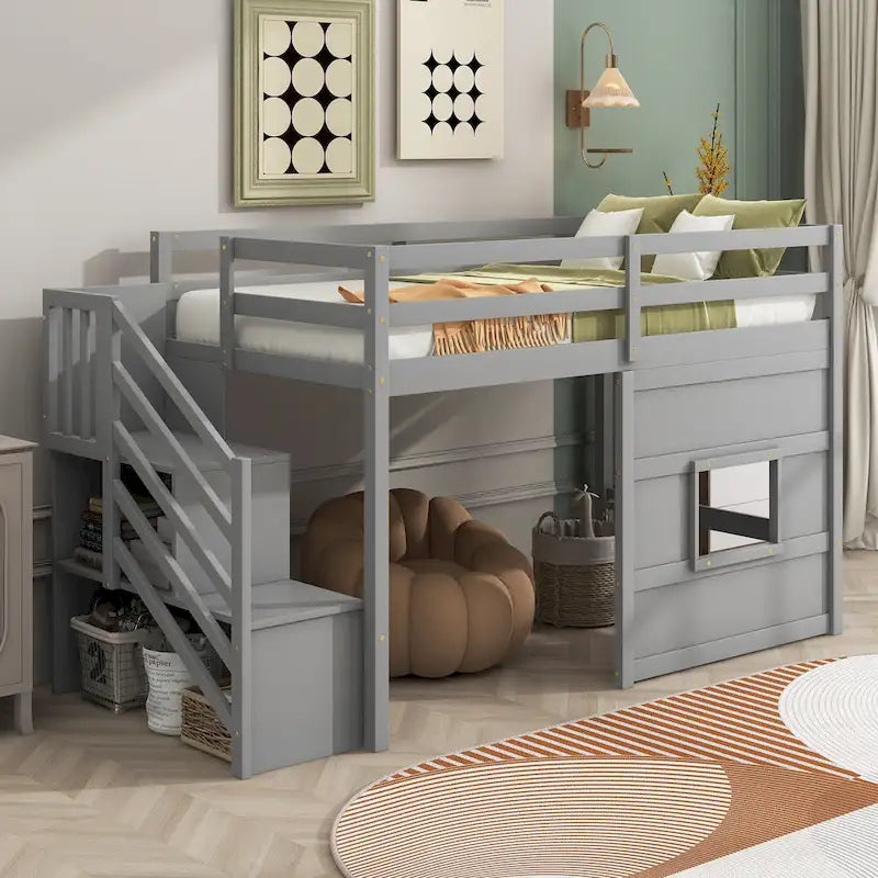 Litera alta Twin Pine gris con escalera de almacenamiento, ventana y barandilla