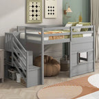 Litera alta Twin Pine gris con escalera de almacenamiento, ventana y barandilla