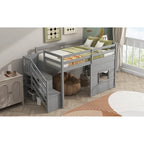 Litera alta Twin Pine gris con escalera de almacenamiento, ventana y barandilla