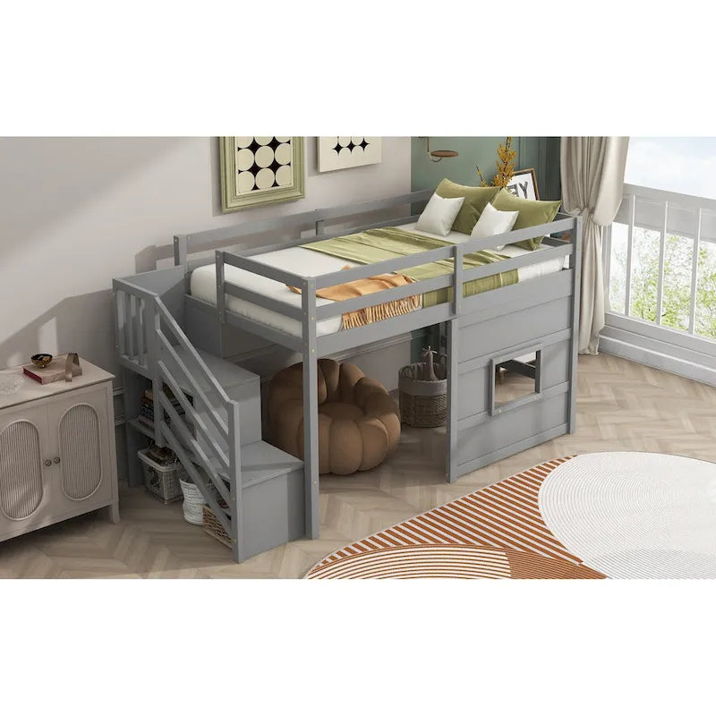 Litera alta Twin Pine gris con escalera de almacenamiento, ventana y barandilla