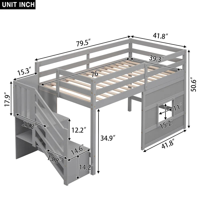 Litera alta Twin Pine gris con escalera de almacenamiento, ventana y barandilla
