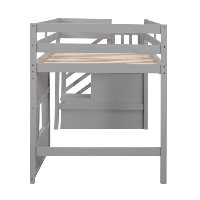 Litera alta Twin Pine gris con escalera de almacenamiento, ventana y barandilla