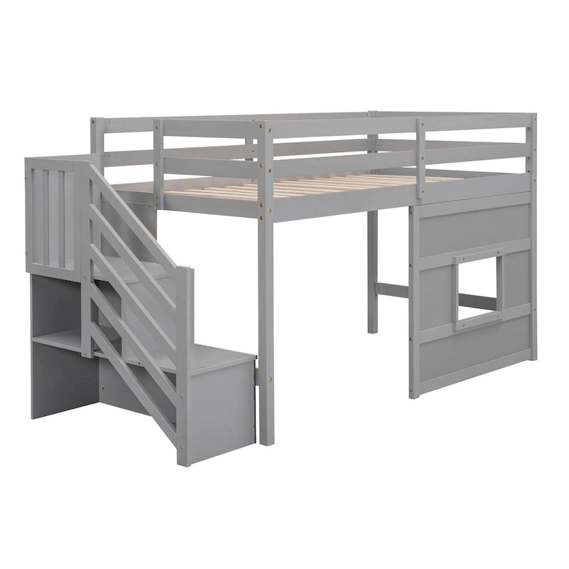Litera alta Twin Pine gris con escalera de almacenamiento, ventana y barandilla