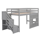 Litera alta Twin Pine gris con escalera de almacenamiento, ventana y barandilla