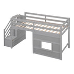 Litera alta Twin Pine gris con escalera de almacenamiento, ventana y barandilla