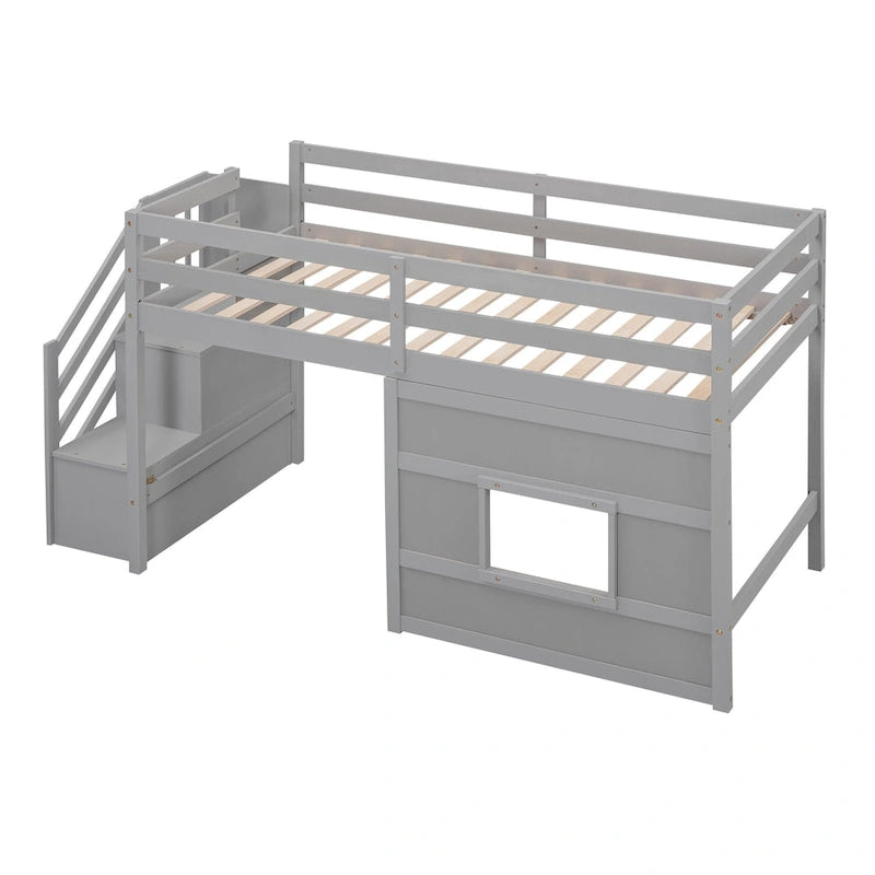 Litera alta Twin Pine gris con escalera de almacenamiento, ventana y barandilla