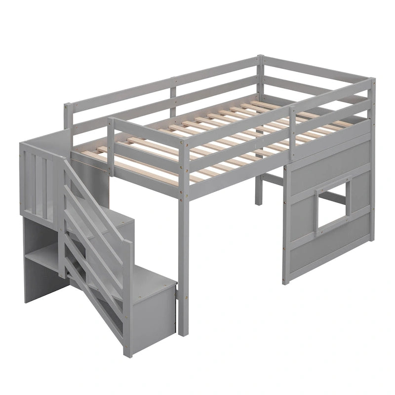 Litera alta Twin Pine gris con escalera de almacenamiento, ventana y barandilla