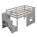 Litera alta Twin Pine gris con escalera de almacenamiento, ventana y barandilla