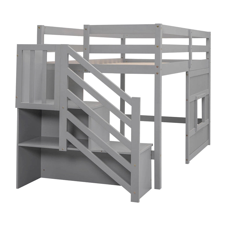 Litera alta Twin Pine gris con escalera de almacenamiento, ventana y barandilla