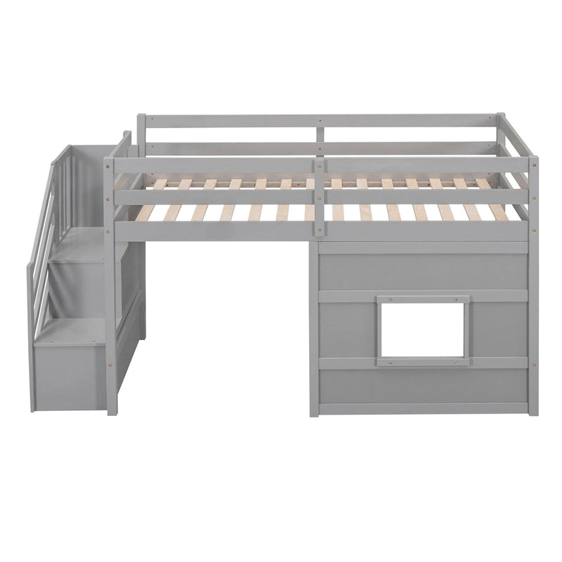 Litera alta Twin Pine gris con escalera de almacenamiento, ventana y barandilla