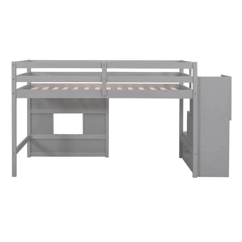 Litera alta Twin Pine gris con escalera de almacenamiento, ventana y barandilla