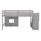 Litera alta Twin Pine gris con escalera de almacenamiento, ventana y barandilla