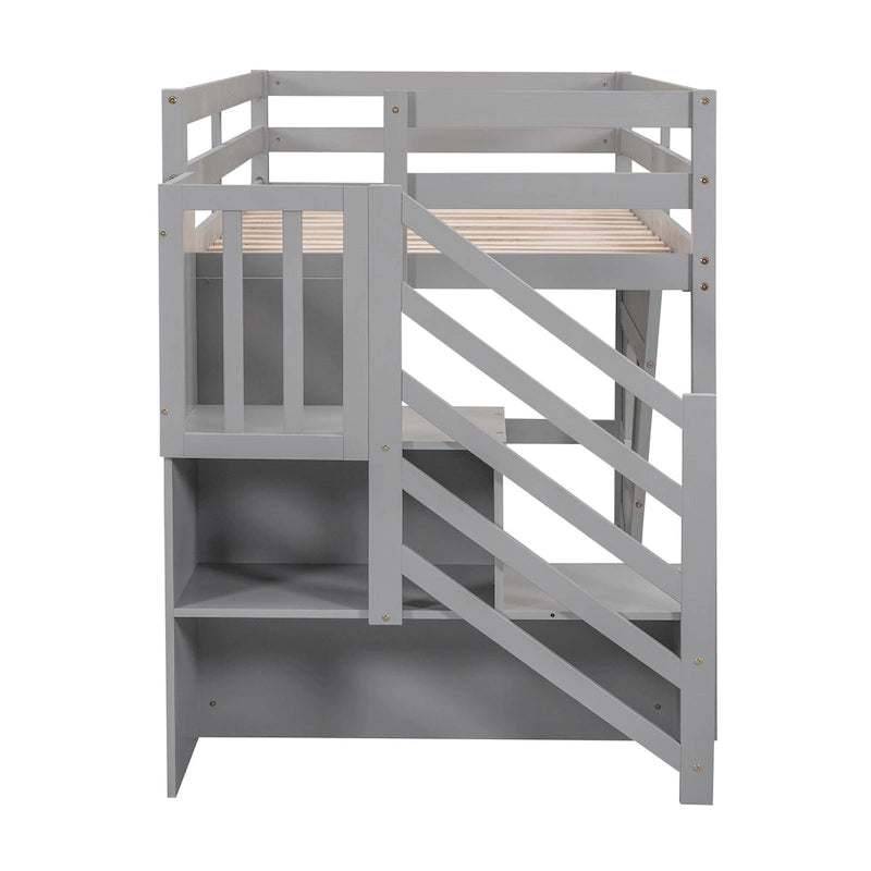 Litera alta Twin Pine gris con escalera de almacenamiento, ventana y barandilla