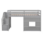 Litera alta Twin Pine gris con escalera de almacenamiento, ventana y barandilla
