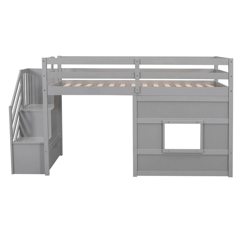Litera alta Twin Pine gris con escalera de almacenamiento, ventana y barandilla