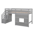 Litera alta Twin Pine gris con escalera de almacenamiento, ventana y barandilla