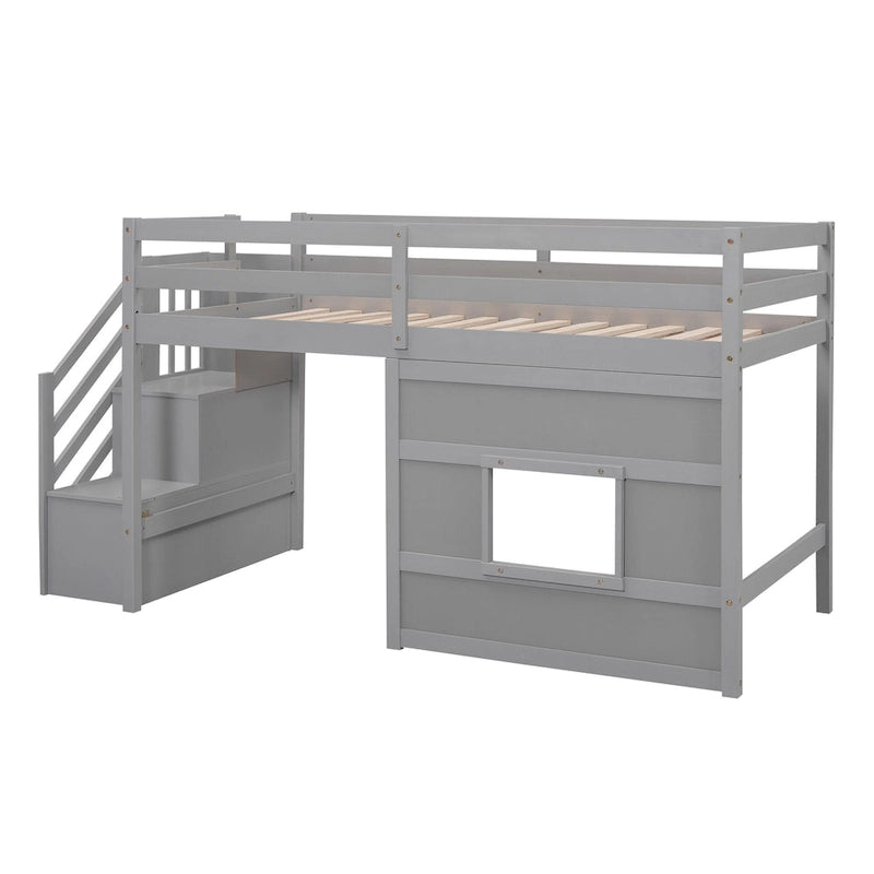Litera alta Twin Pine gris con escalera de almacenamiento, ventana y barandilla