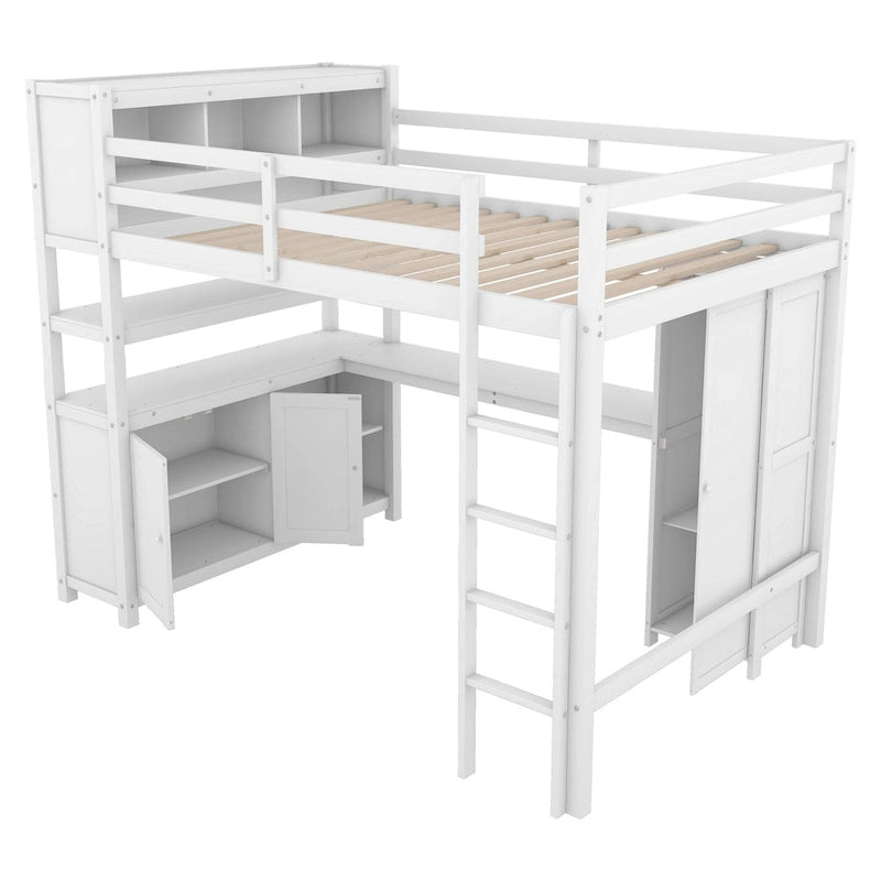 Cama alta completa de madera de pino con armario y escritorio