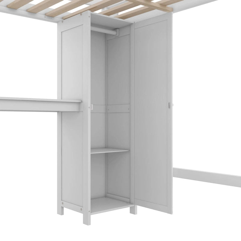 Cama alta completa de madera de pino con armario y escritorio