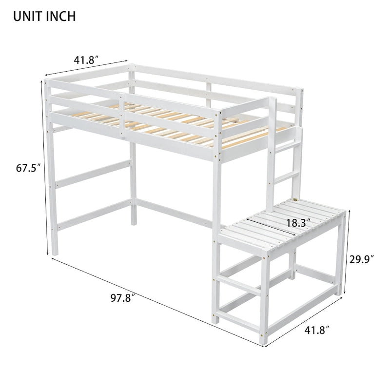 Cama alta alta de madera de pino tamaño Twin con escalera y barandillas