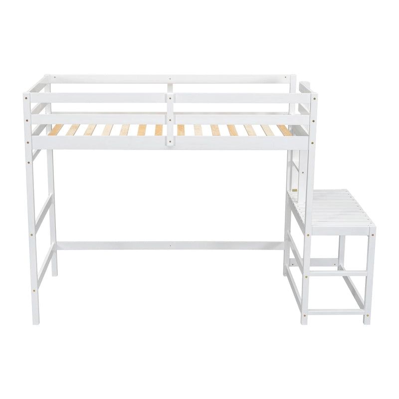 Cama alta alta de madera de pino tamaño Twin con escalera y barandillas